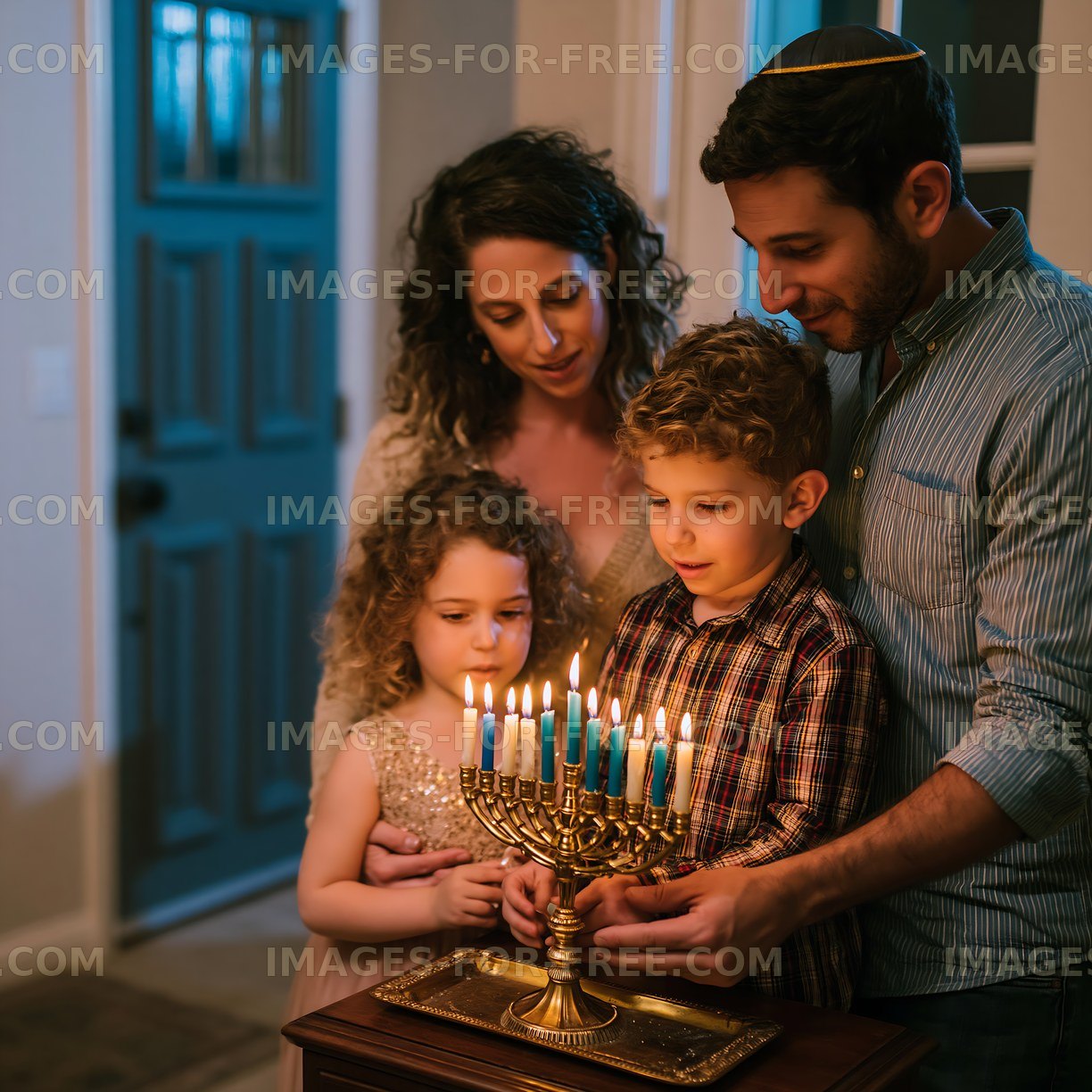Family celebrates with menorah and candles during Hanukkah