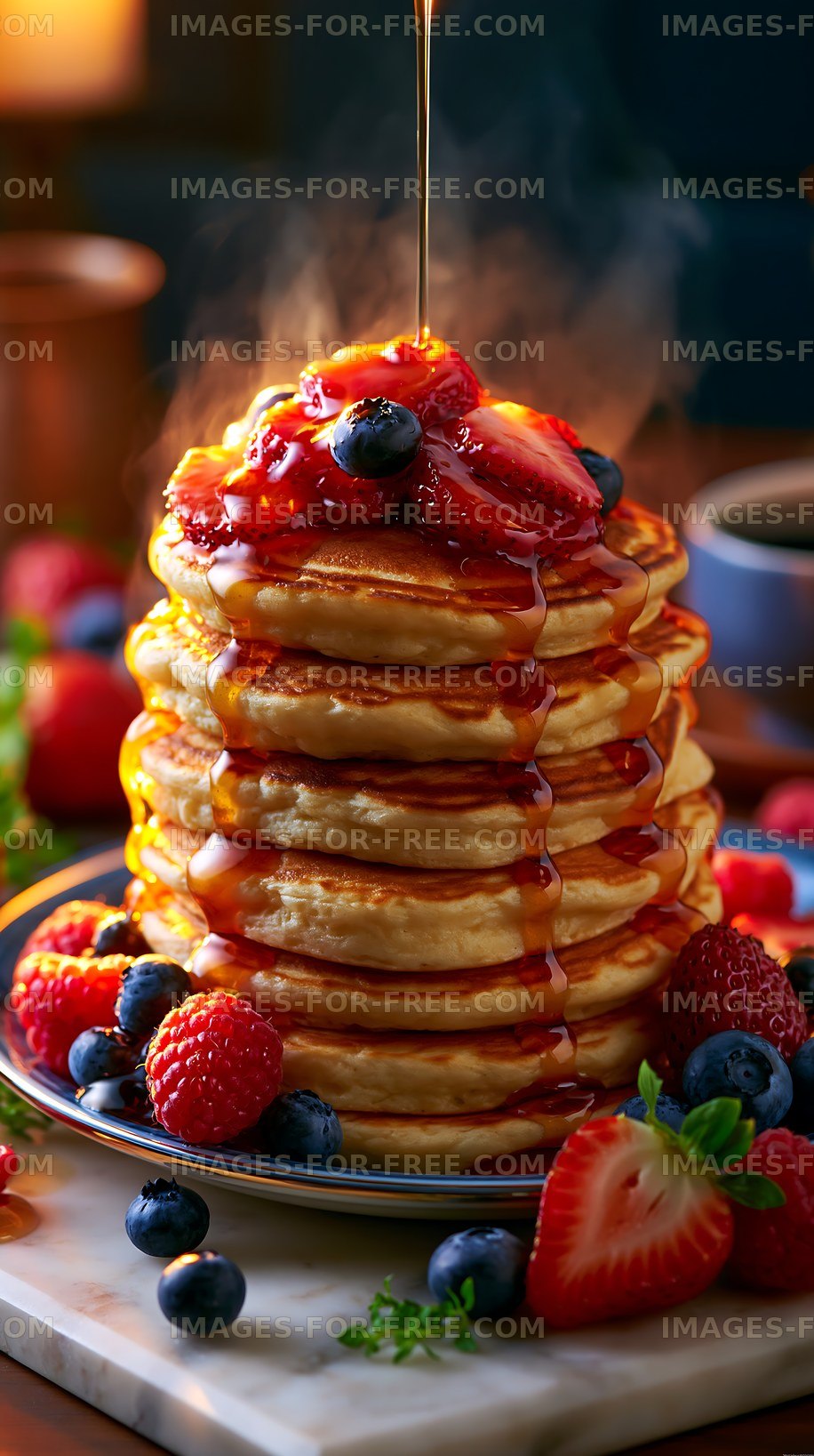 Stack of pancakes topped with berries and syrup on a table