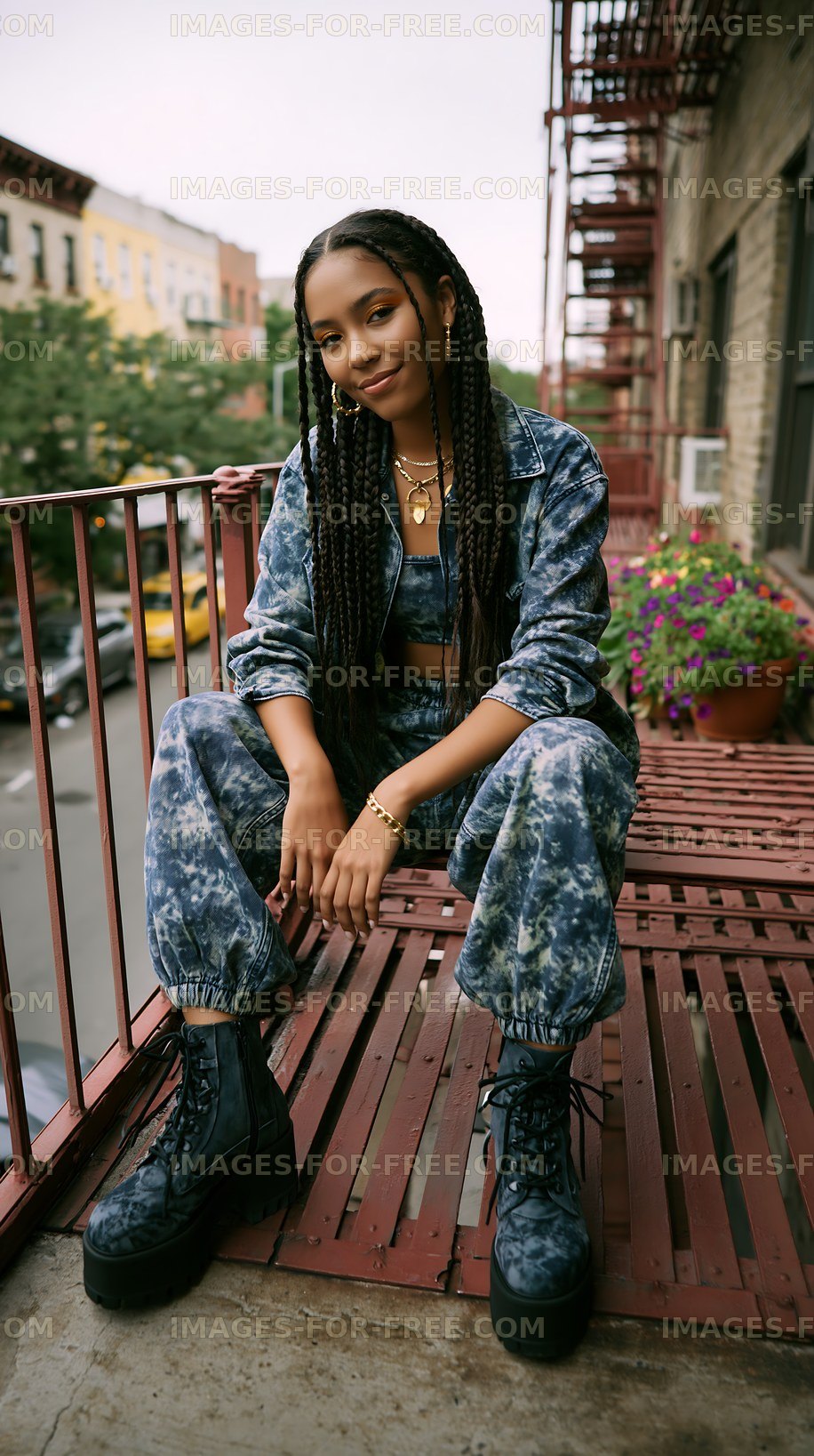 Woman sitting on balcony wearing blue outfit and boots