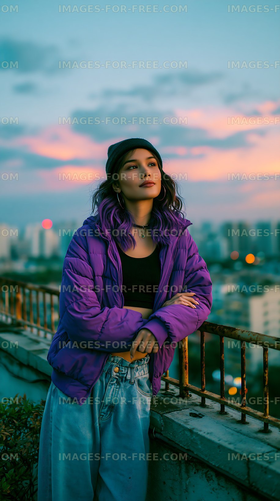 Young person with purple hair on rooftop at sunset
