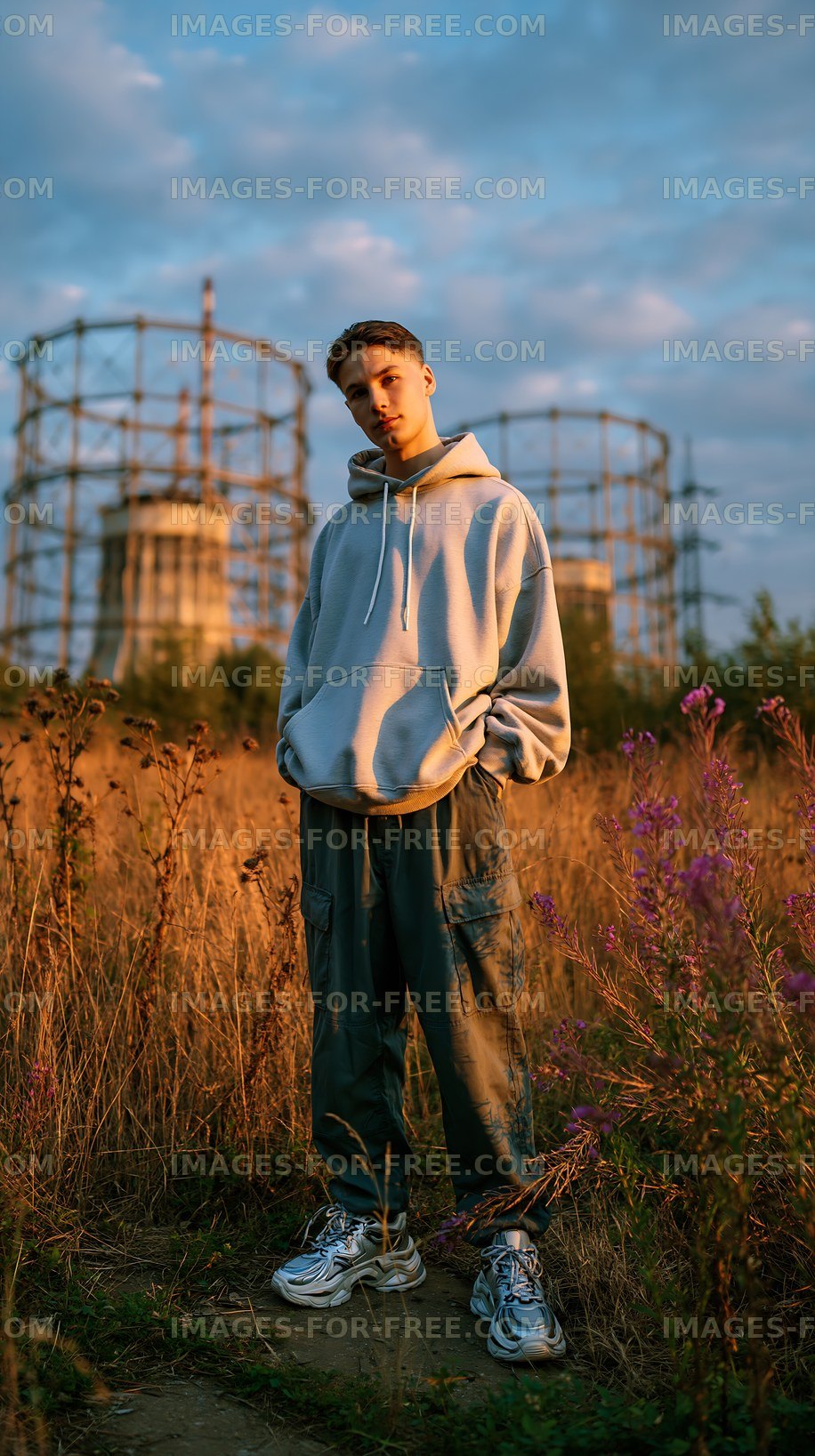 Young person standing in field near industrial structures at sunset