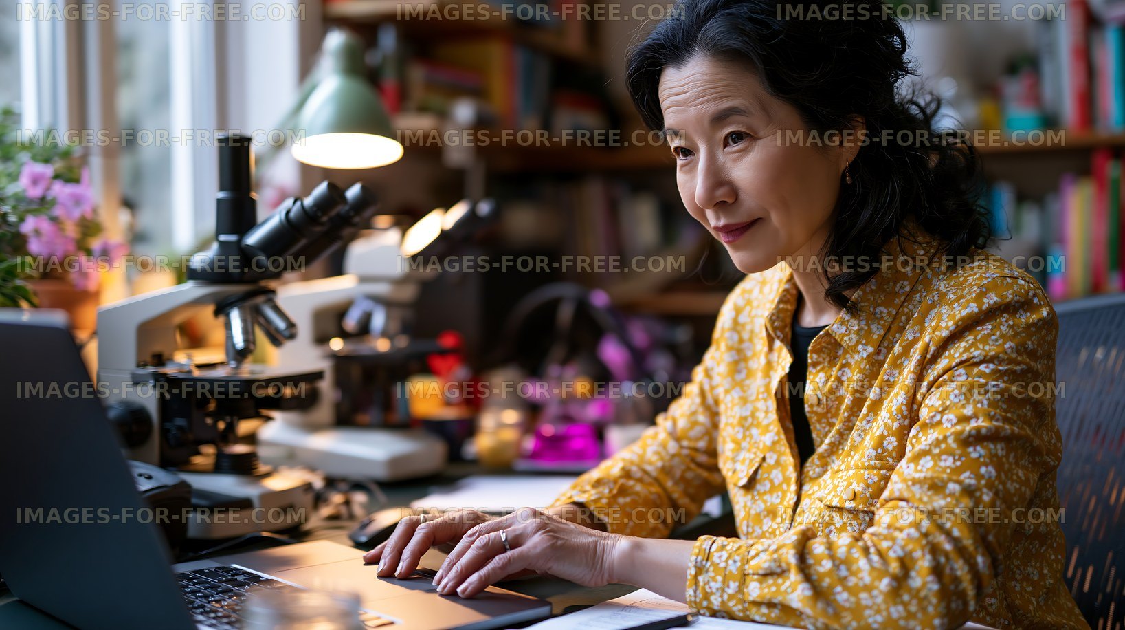 Woman working at a desk with a microscope and laptop in a workspace