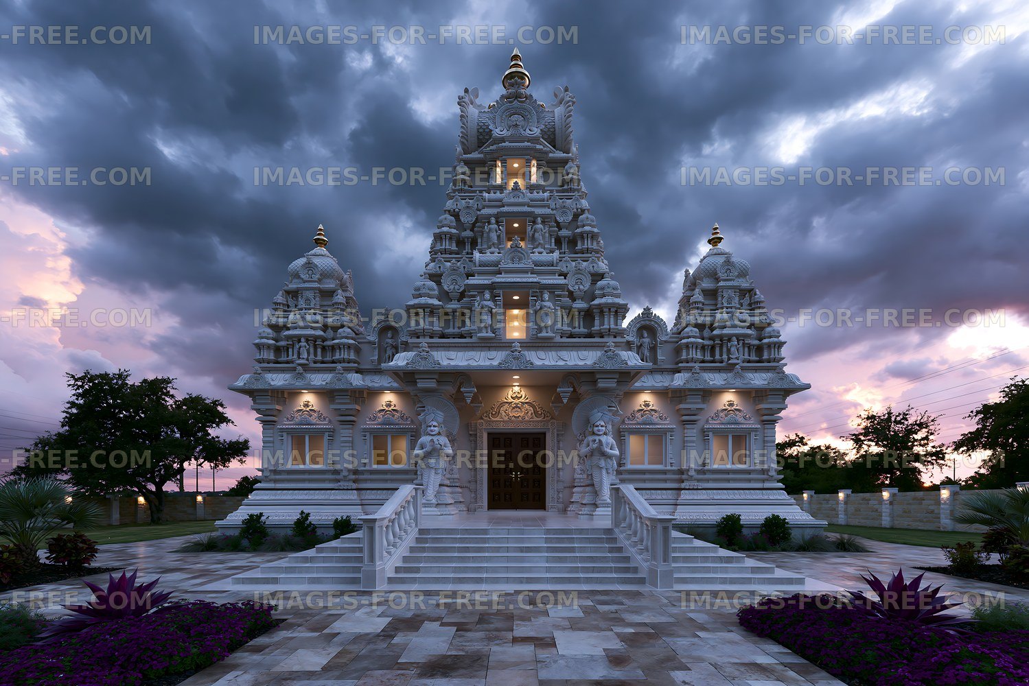 Hindu temple with intricate carvings and stormy sky during sunset