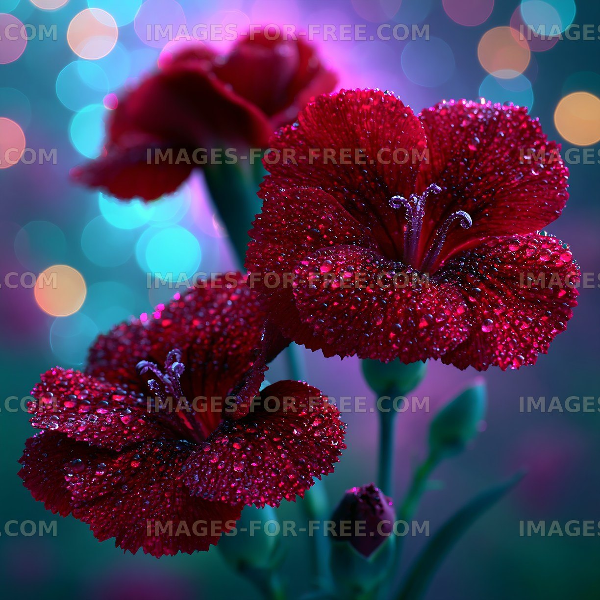 Red flowers with drops of water in colorful background