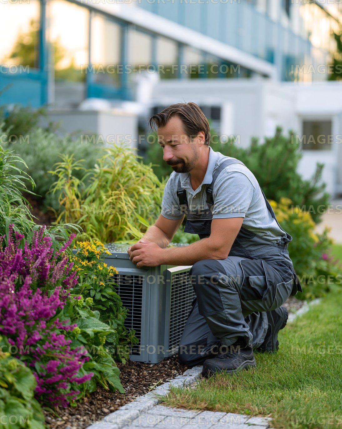 Technician performing maintenance near outdoor unit in garden