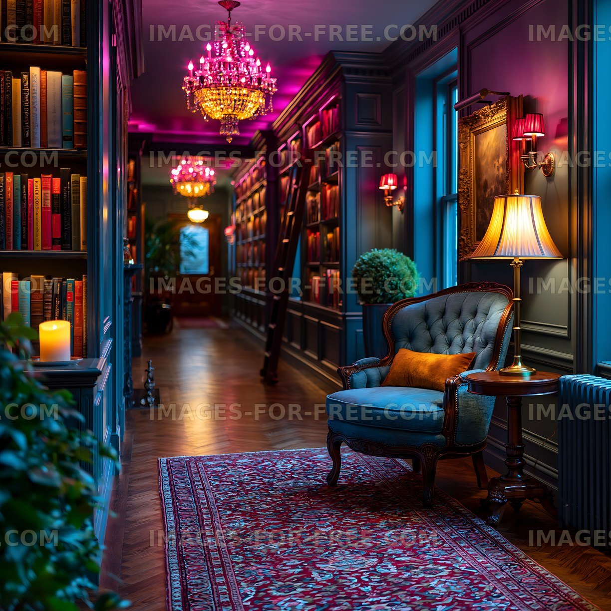 Cozy corridor with bookshelves and warm lighting in a vintage setting