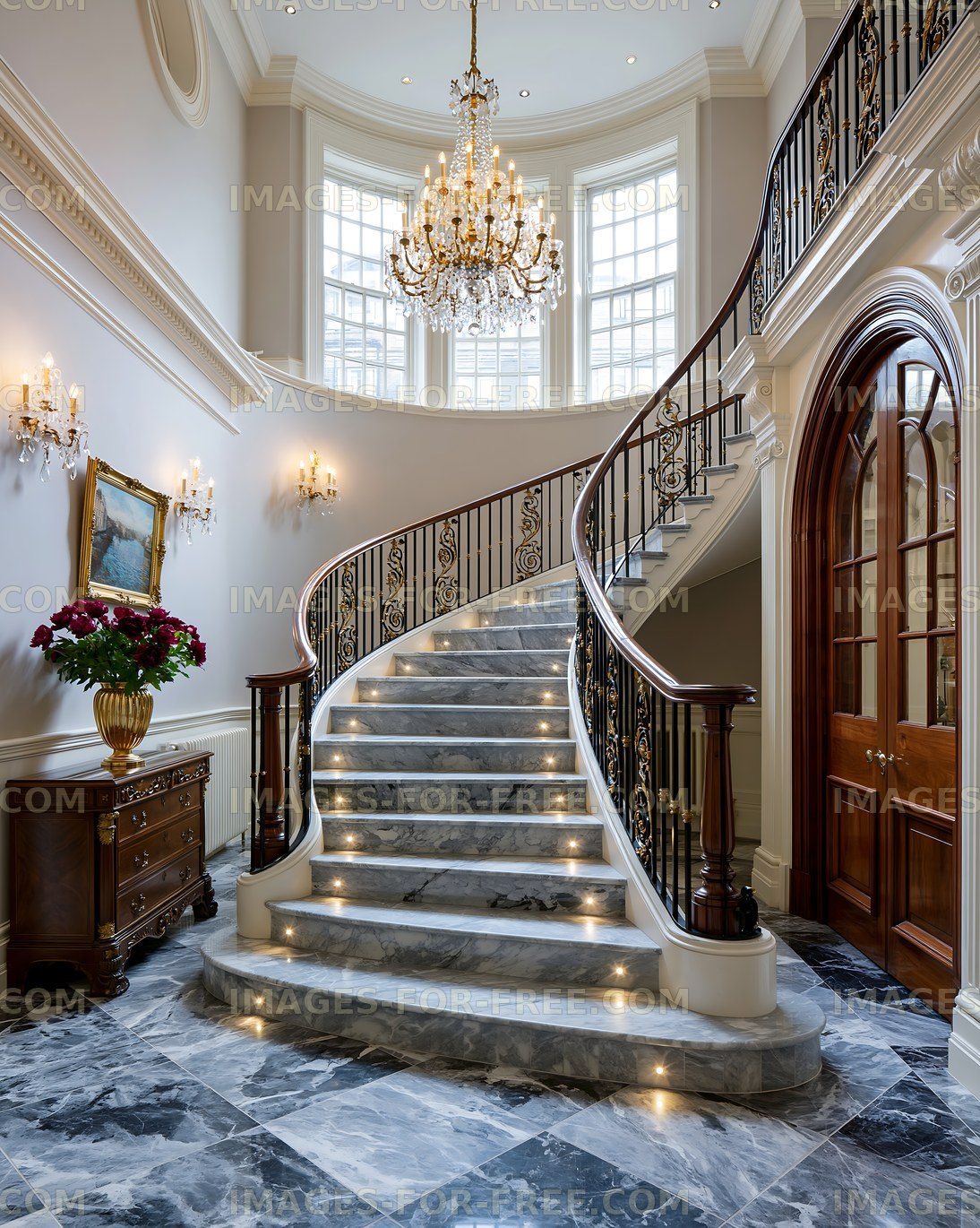 Elegant staircase in a grand hallway with chandelier and floral decor