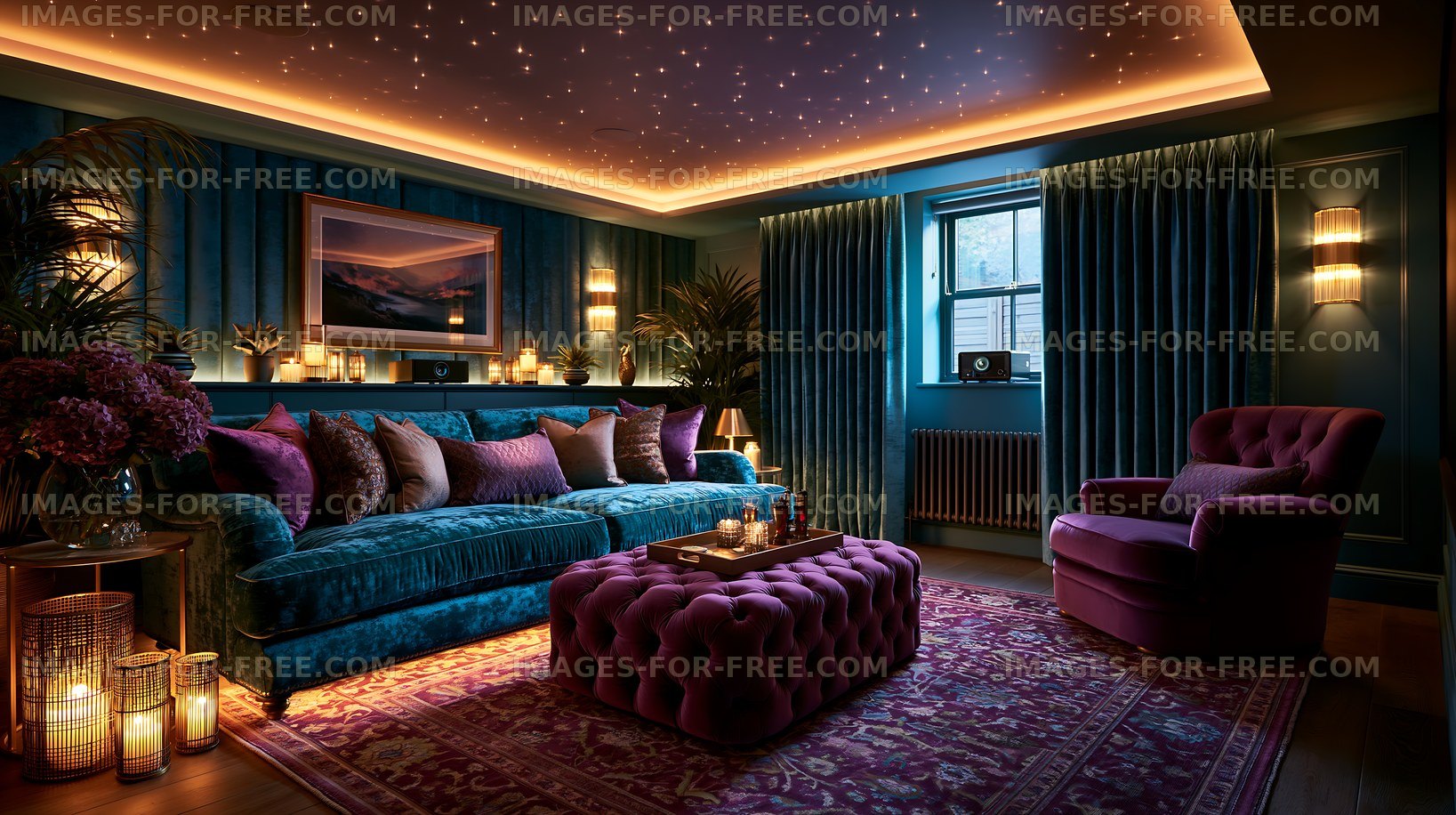 Cozy living room with elegant decor and soft lighting in evening
