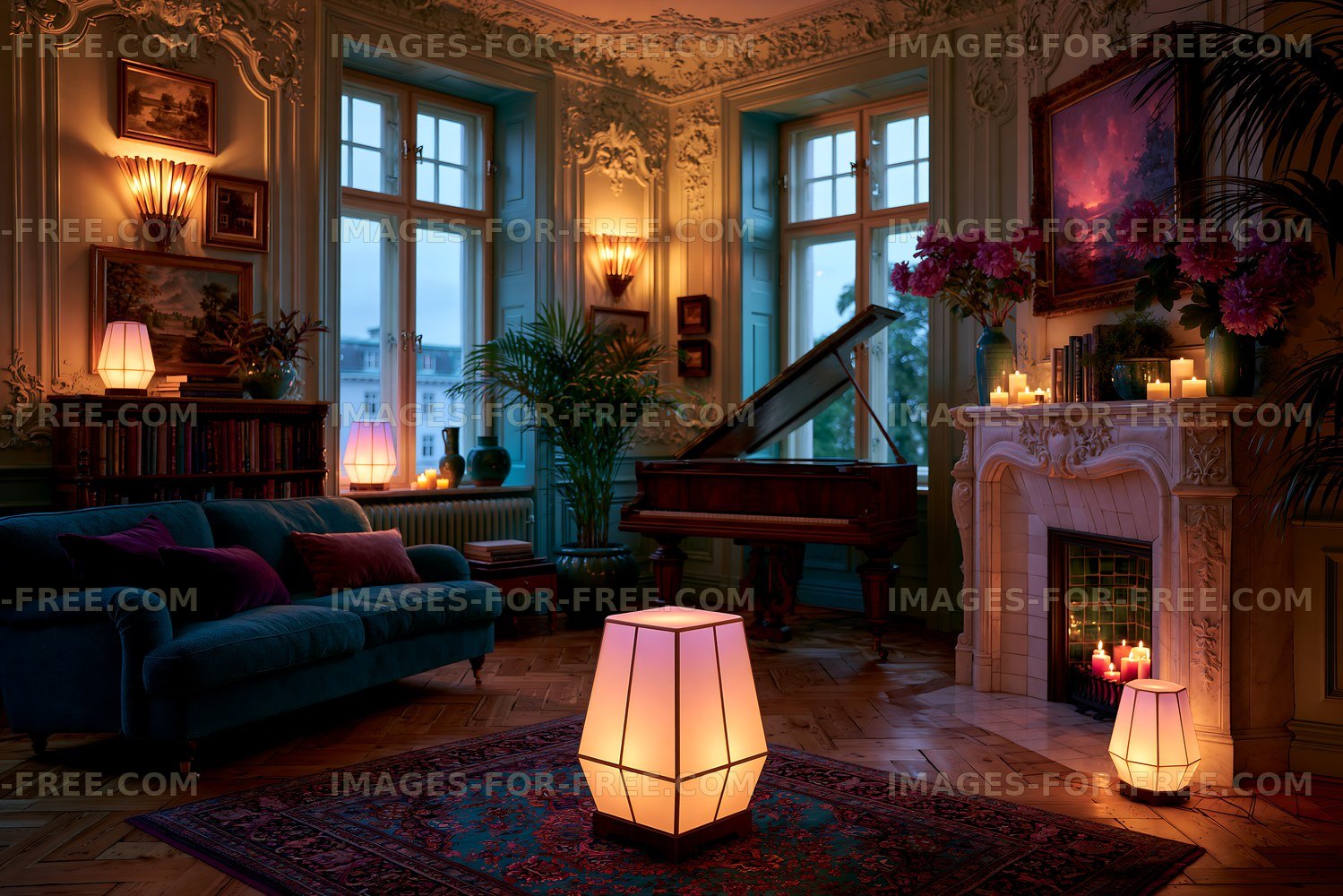 Cozy interior with piano and warm lighting in an elegant room