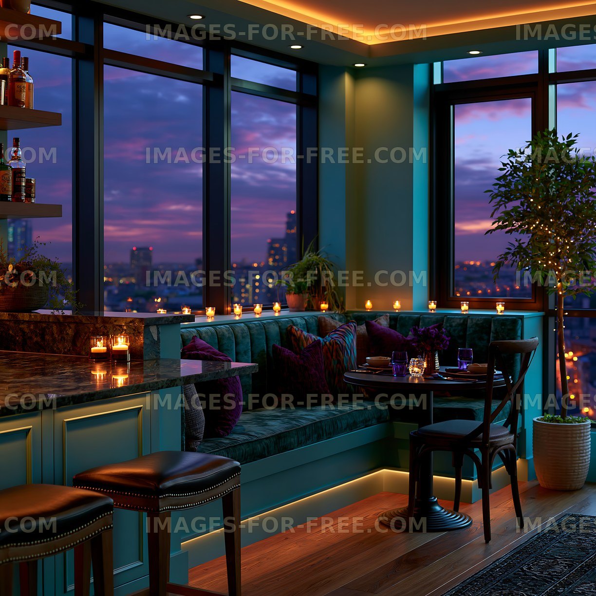 Modern lounge interior with city view and evening lighting