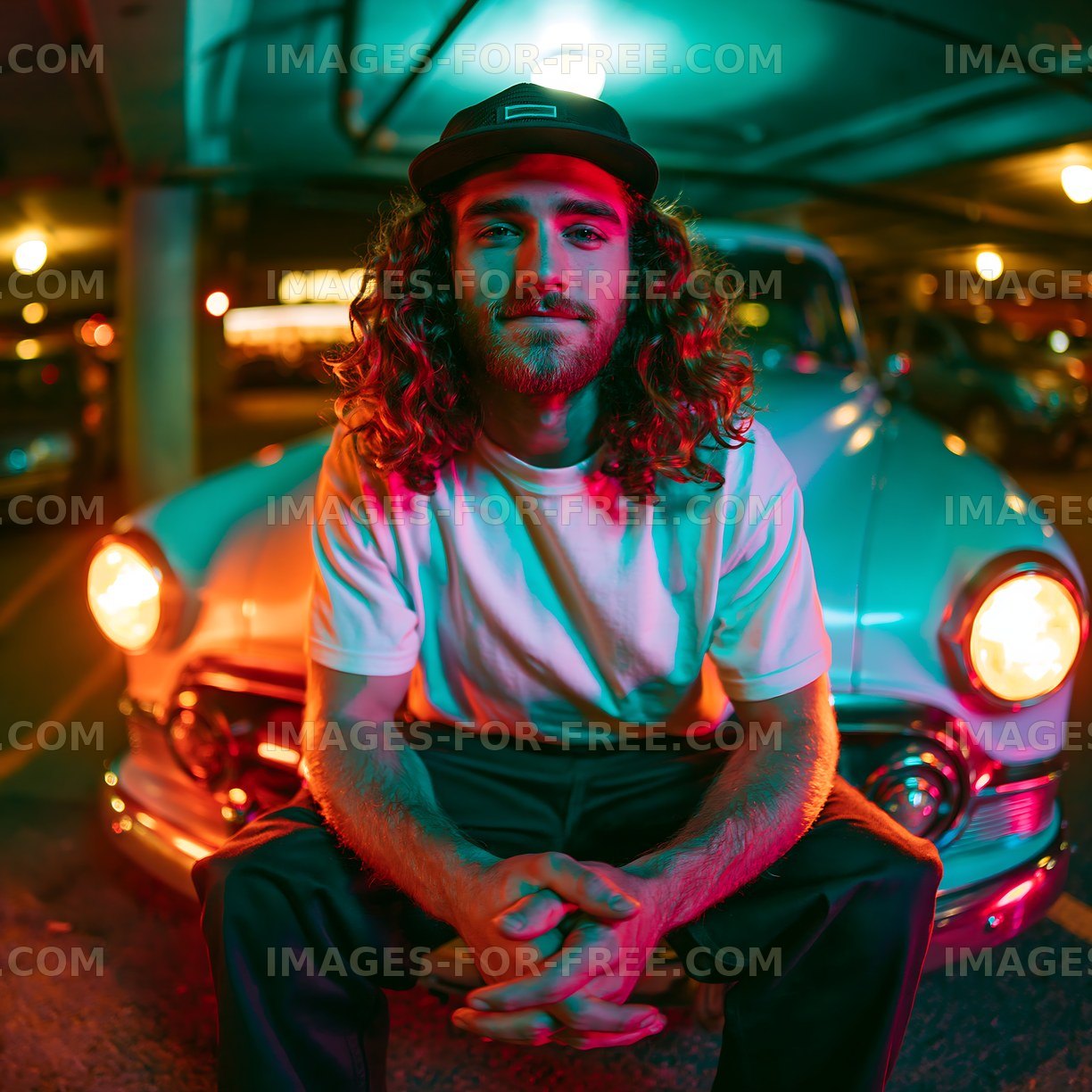 Man sitting on classic car in parking garage at night