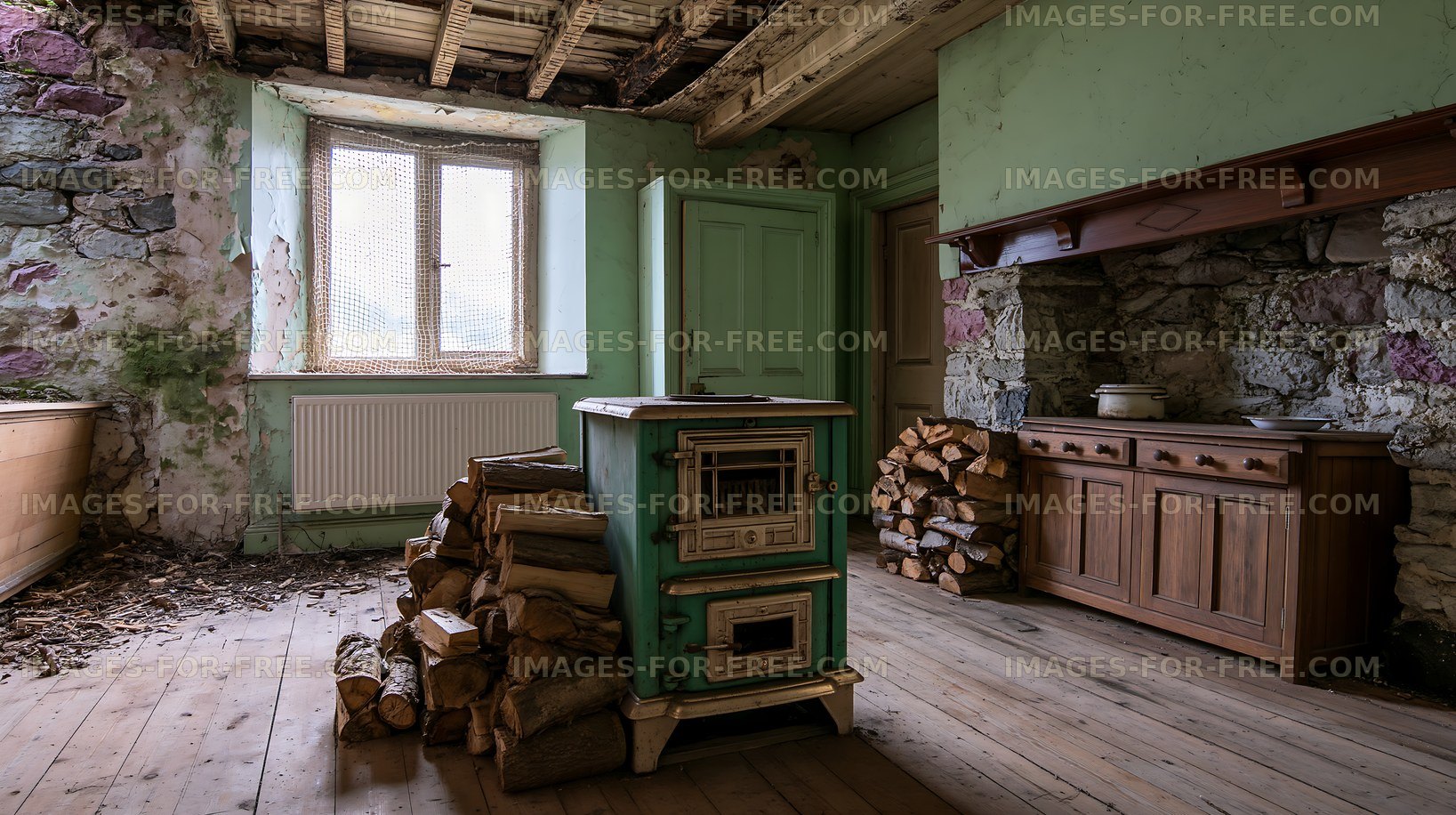 Old room with a wood stove and stacked firewood