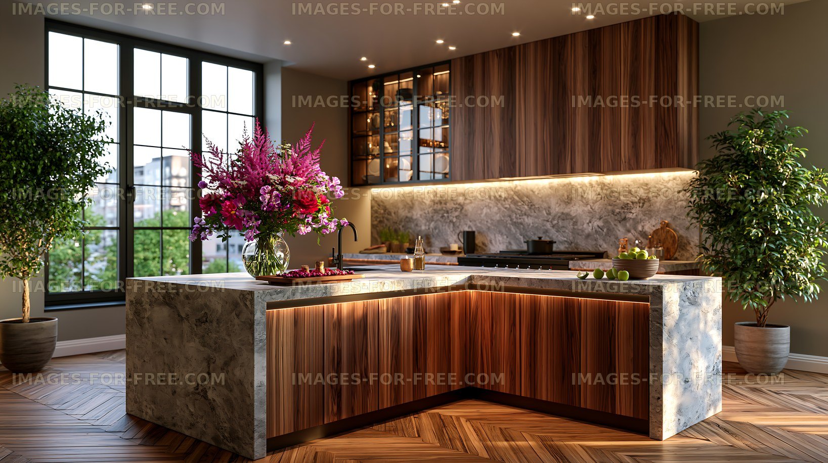 Modern kitchen with wooden details and flowers in a spacious setting