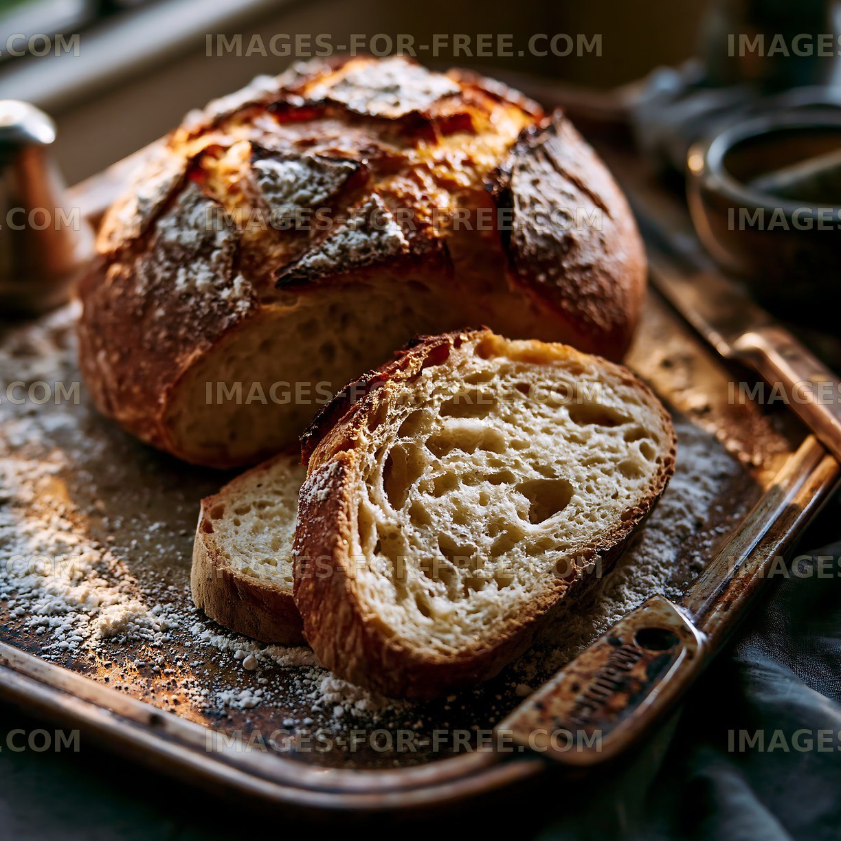 Freshly baked bread on a tray with a sliced piece beside it