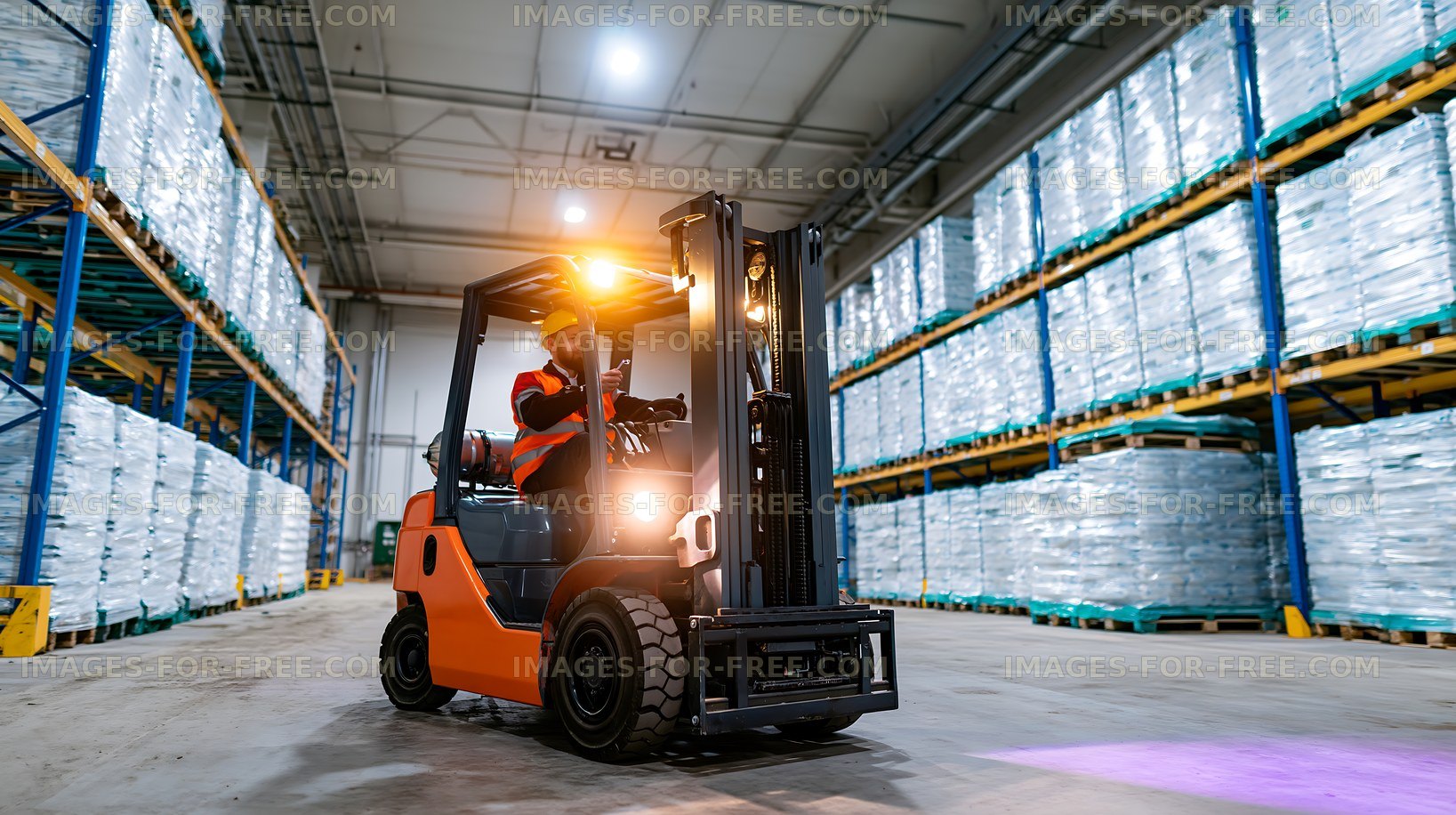 Forklift operator moving pallets in a warehouse setting
