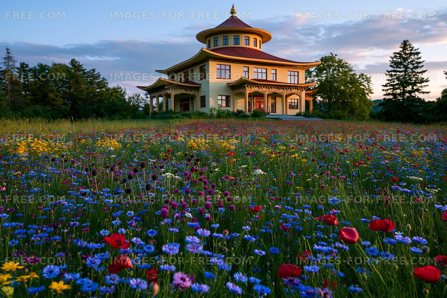 Colorful wildflower field with a building in the background
