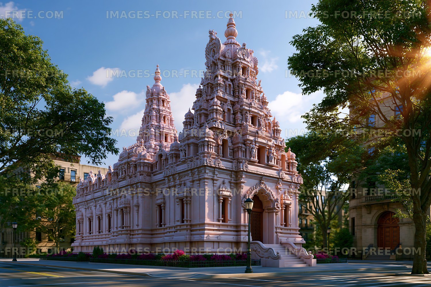 Beautiful temple with intricate design located in a city setting