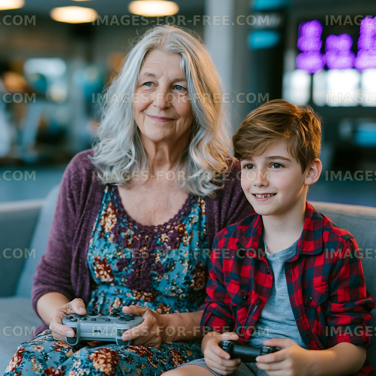 Elderly woman and child playing video games in a public space