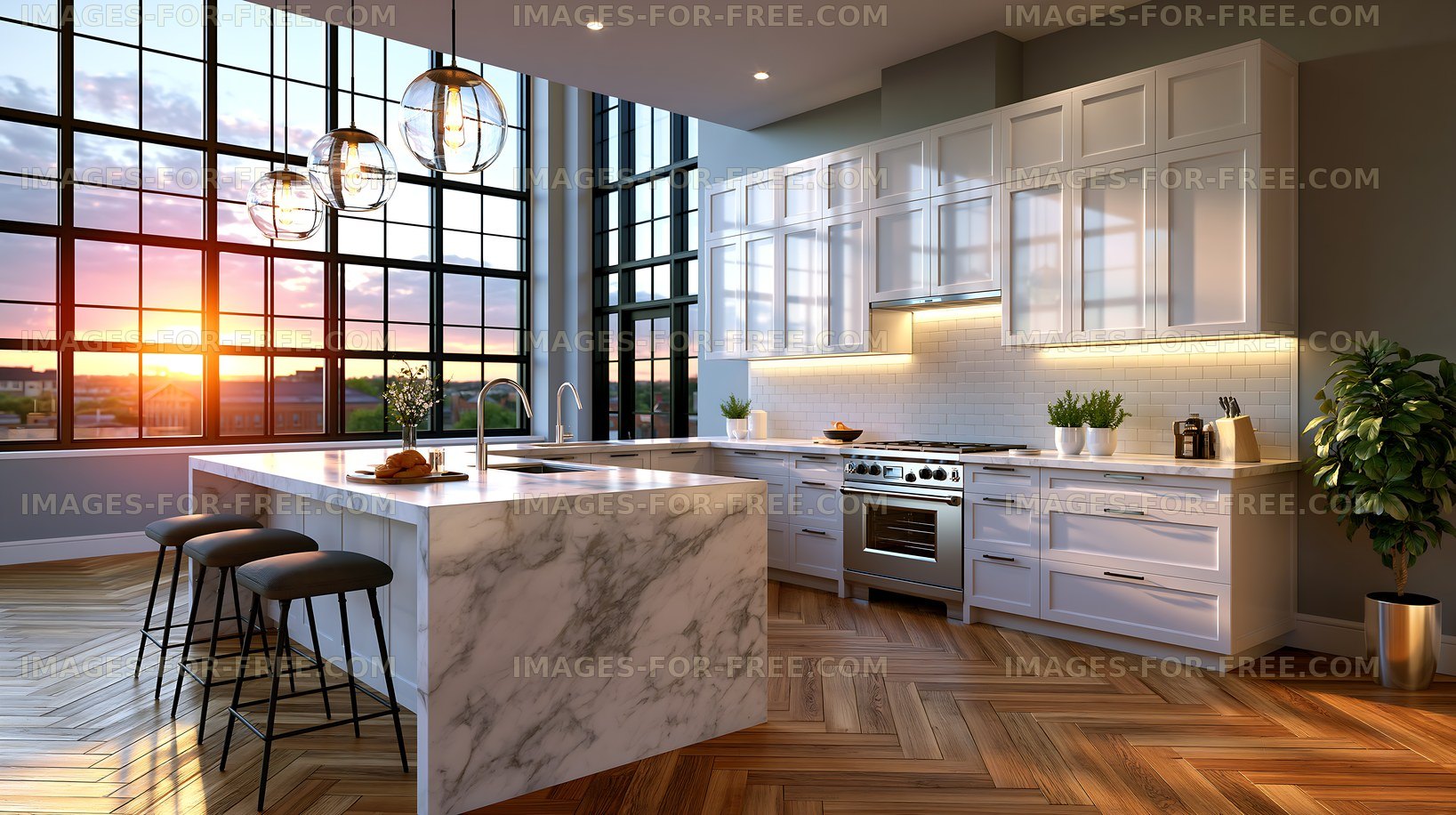 Modern kitchen with large windows and sunset view