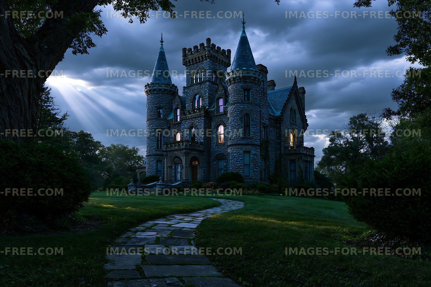 Mysterious castle with tall towers and a winding path at night