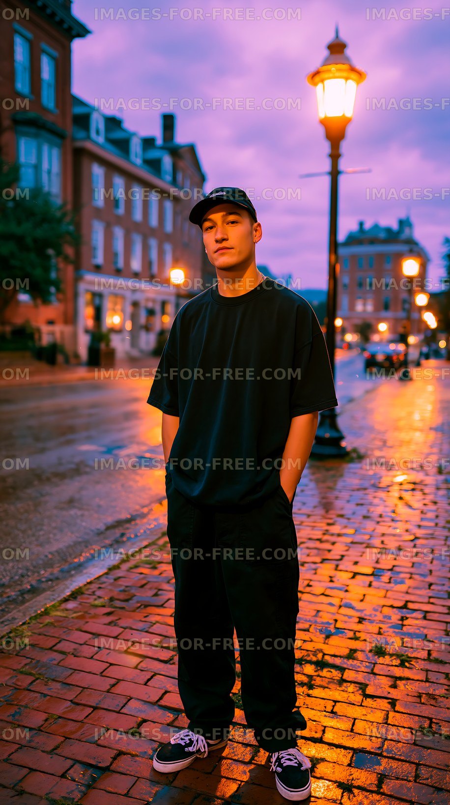 Young man standing on a wet cobblestone street at dusk