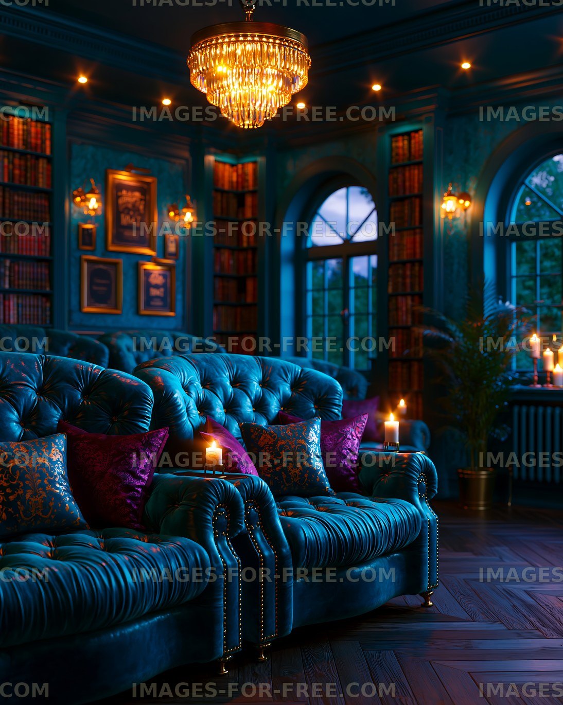 Cozy seating area with blue upholstery and warm lighting in a library