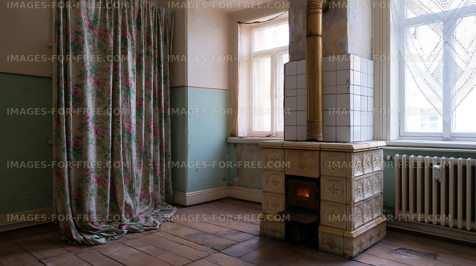 Old room with a heating stove and floral curtain