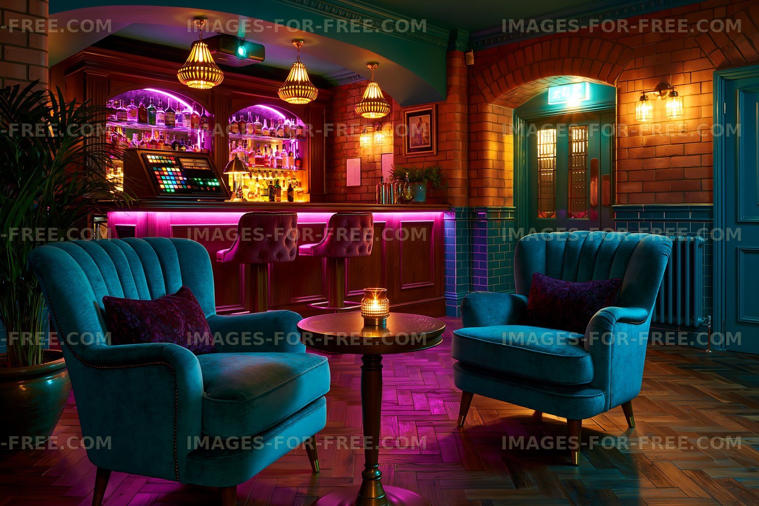 Seating area in a modern bar with vibrant lighting and décor