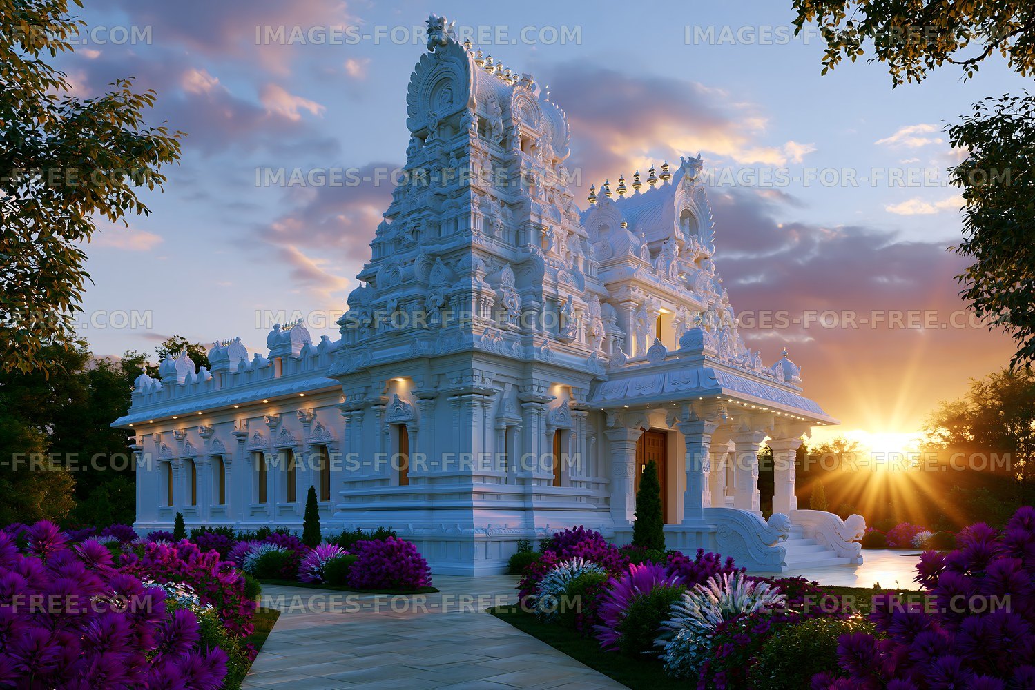 Sunset view of a white temple surrounded by colorful flowers