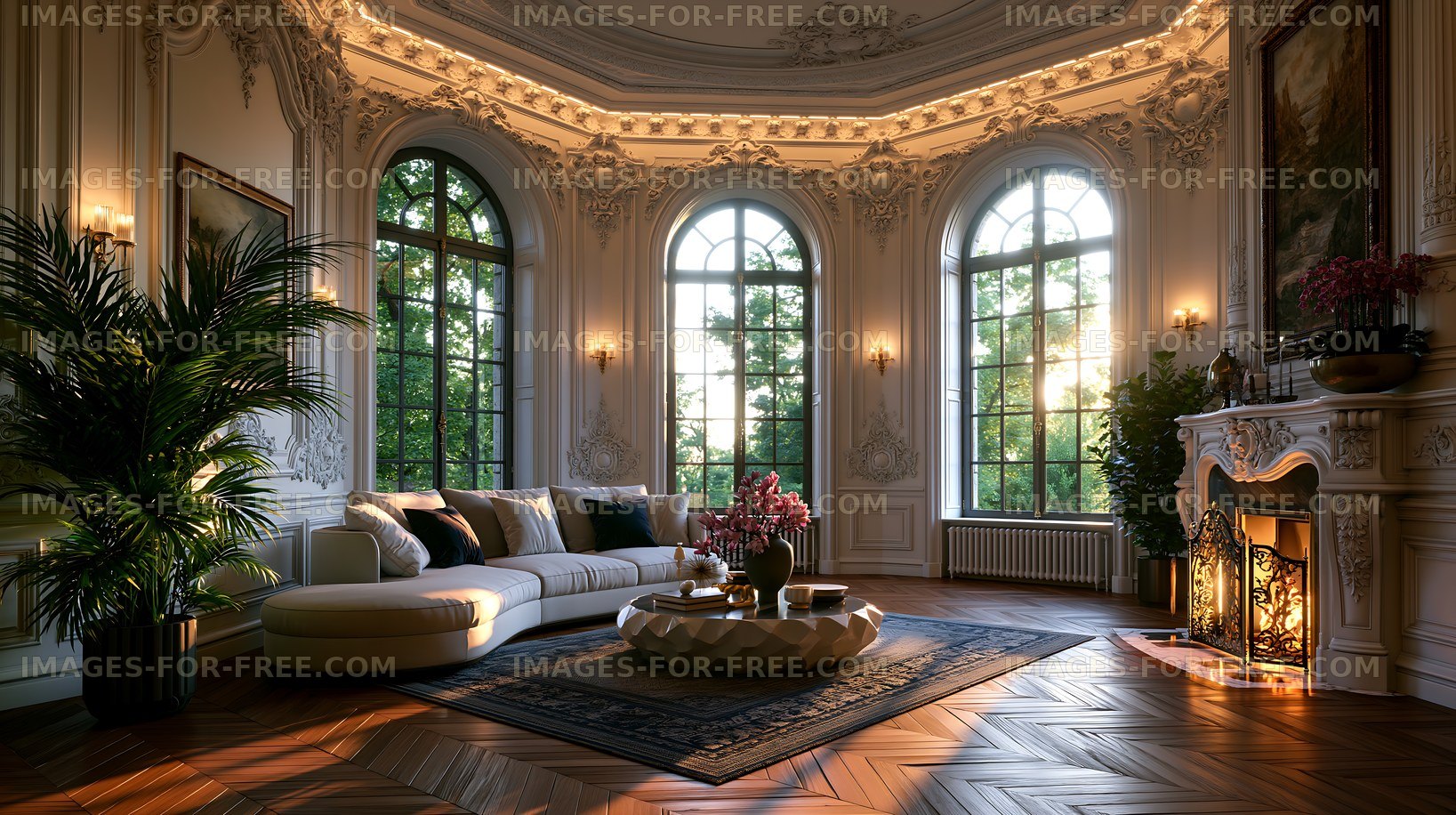 Elegant living room with large windows and fireplace in the evening