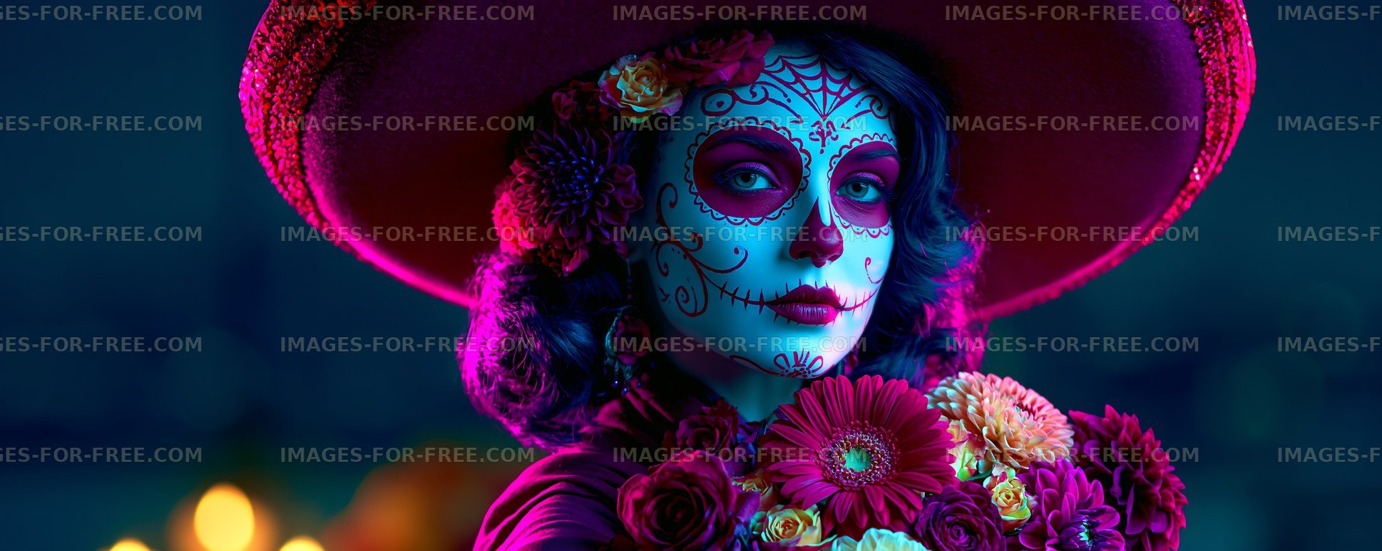 Woman with skull makeup wearing hat and floral decorations