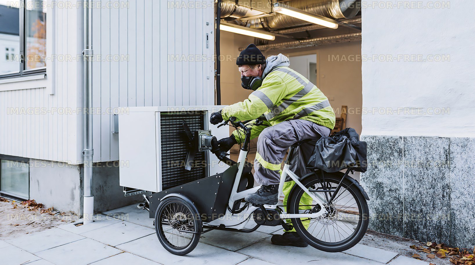 Delivery person on cargo bike handling equipment near building