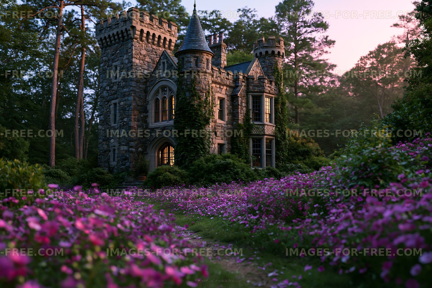 Old stone castle surrounded by blooming flowers at sunset