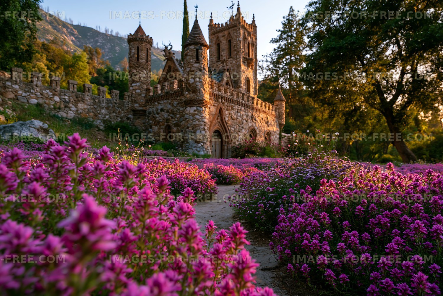 Beautiful stone castle surrounded by purple flowers in the garden