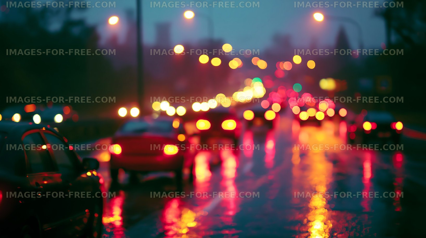Nighttime traffic on a wet road with reflections of lights
