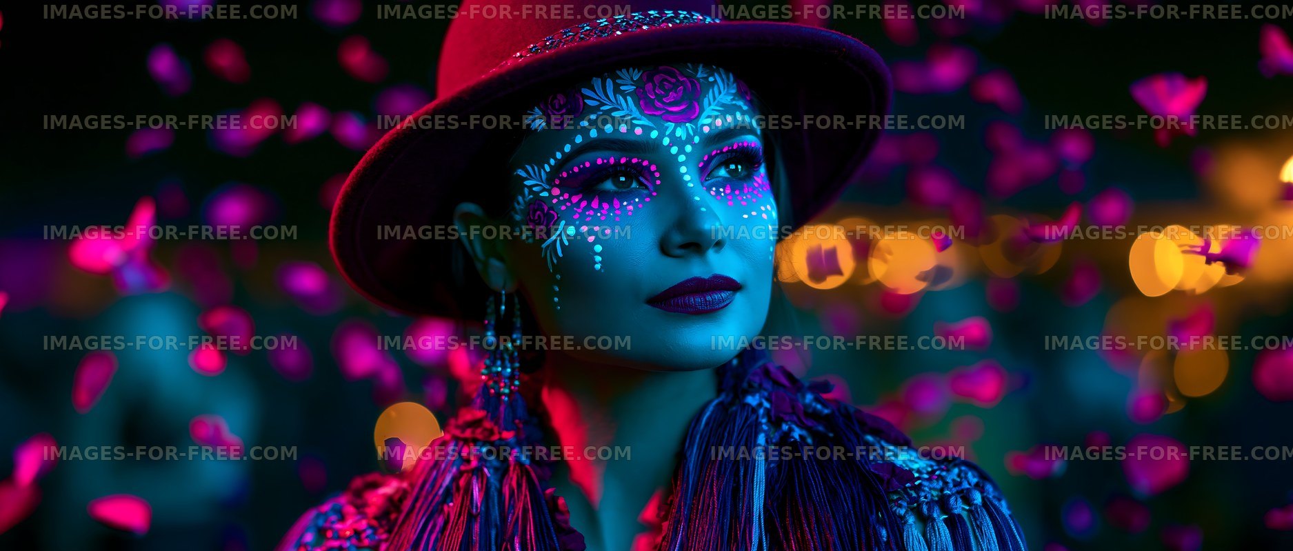 Woman with face paint and colorful petals in nighttime setting