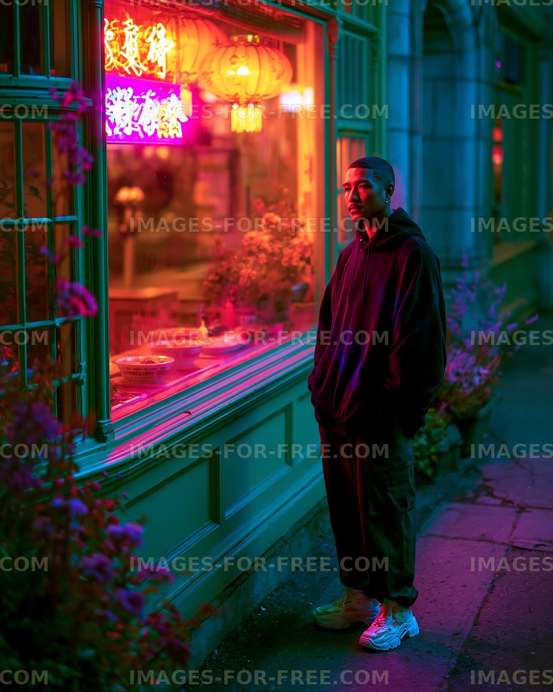 Urban scene with a person standing by a brightly lit restaurant window