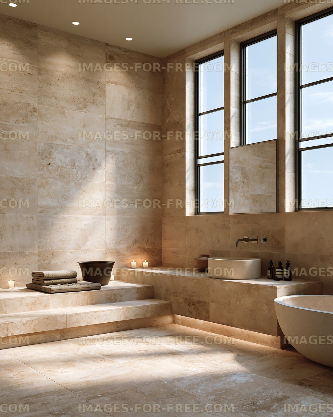 Modern bathroom with natural light and stone walls