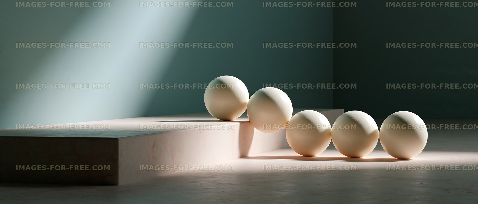Arrangement of white spheres on a flat surface with light
