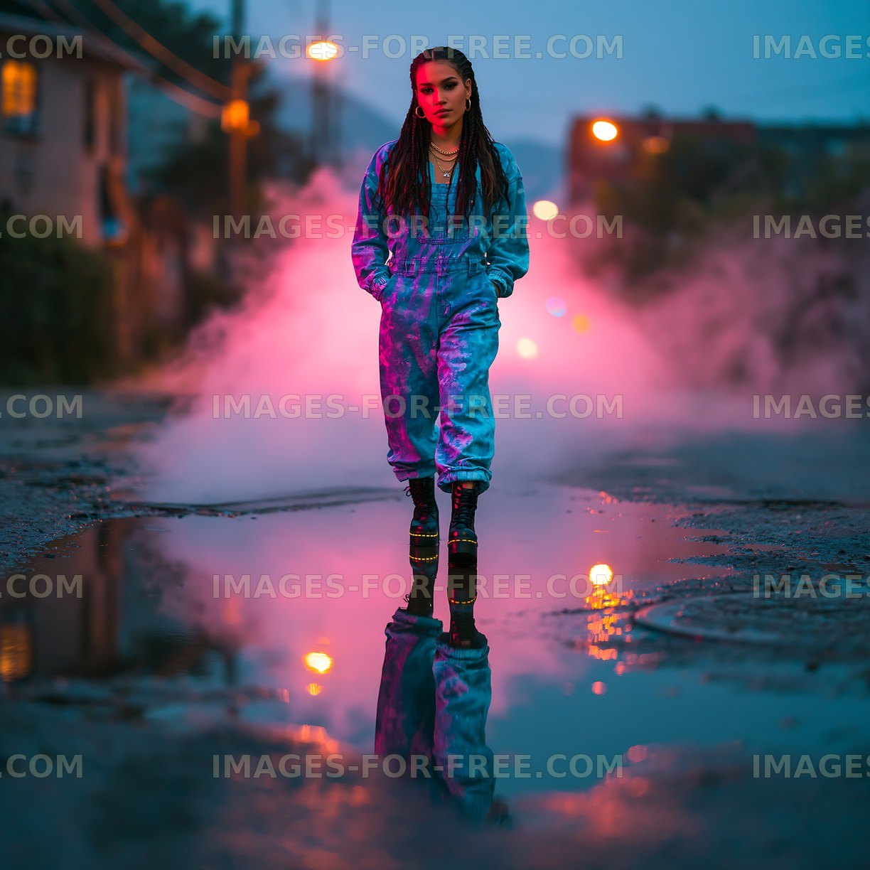 Woman in blue outfit walks through urban street at dusk