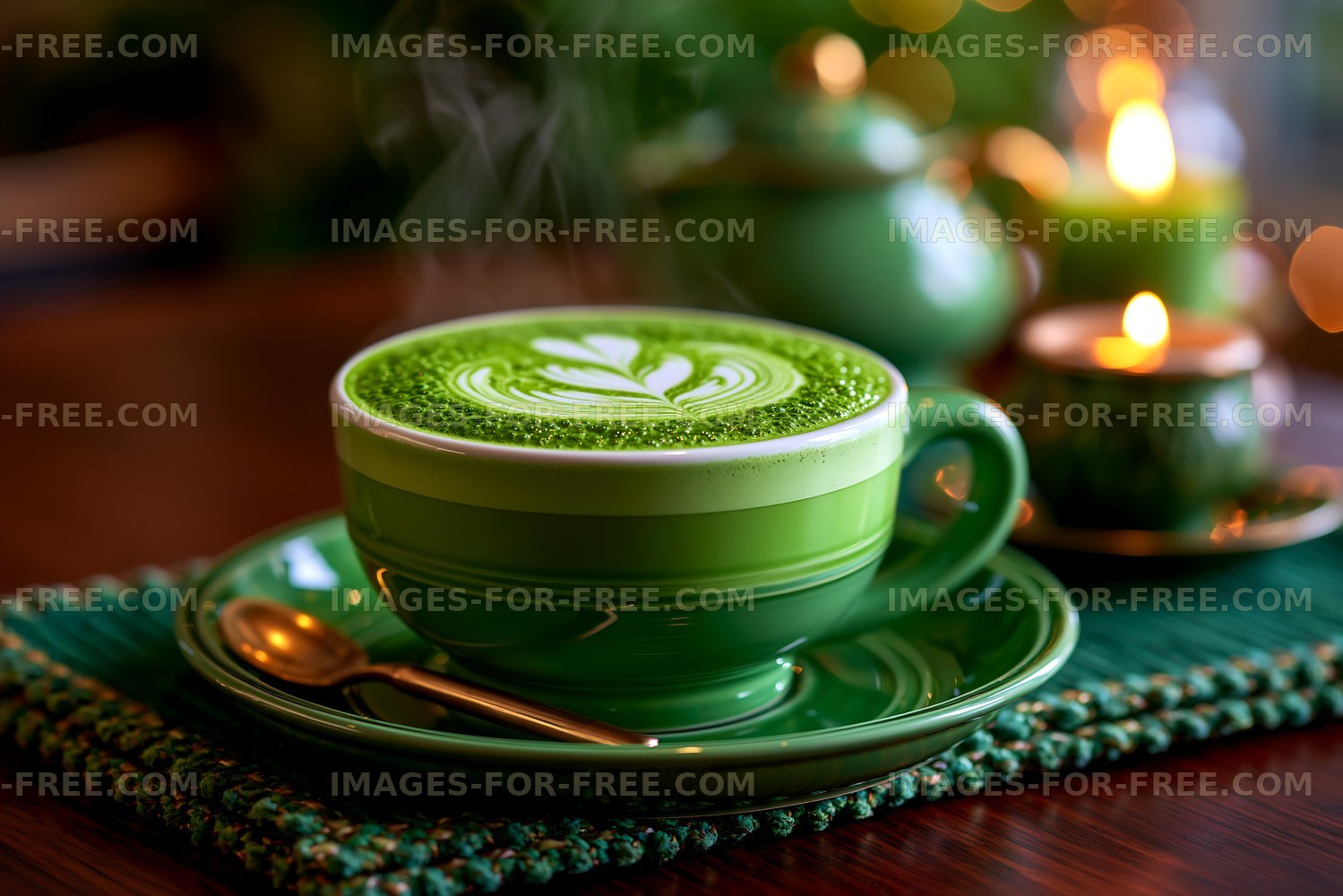 Green matcha latte on a wooden table with candles