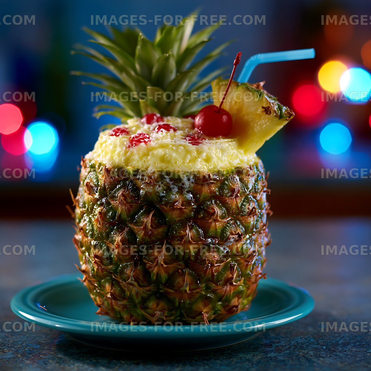 Pineapple drink with cherry and blue straw on a blue plate