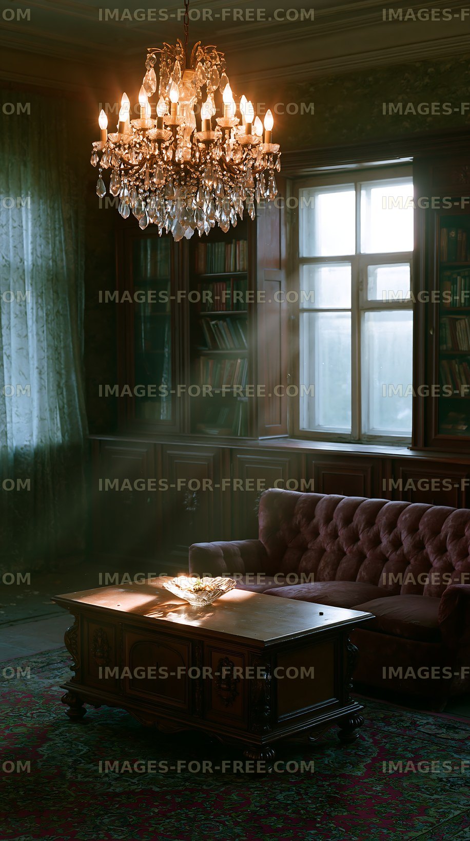 Chandelier in a vintage room with a velvet sofa and sunlight