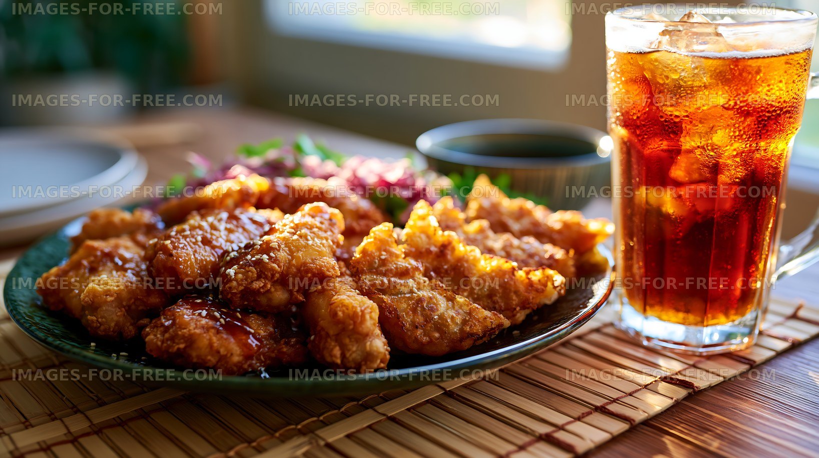 Fried chicken served with salad and a cold drink