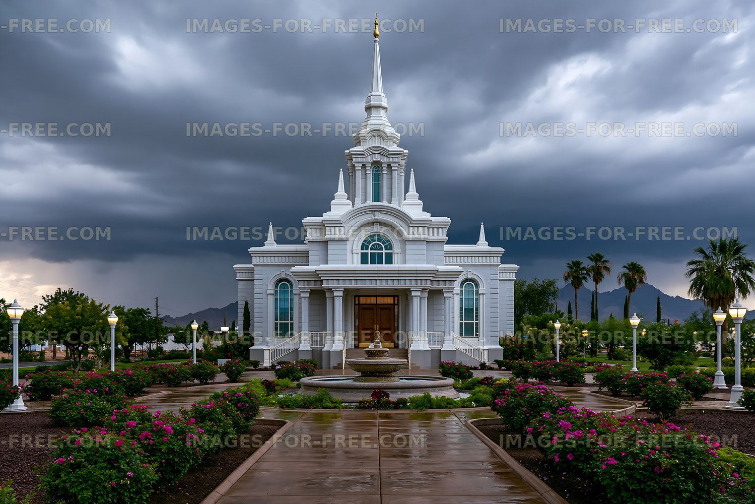 Building with a spire and dark storm clouds in the background