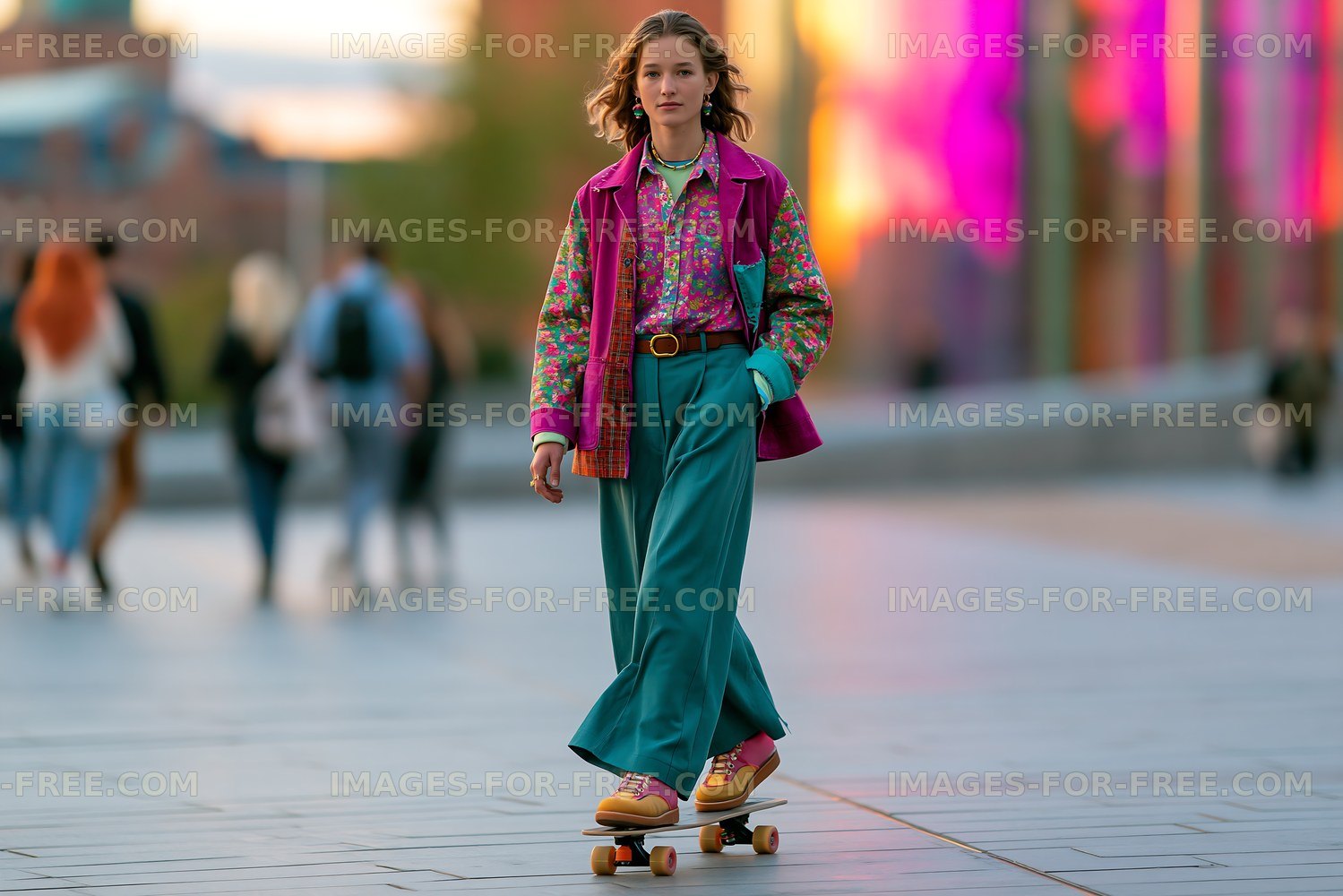 Person skating on a boardwalk near colorful buildings in the city