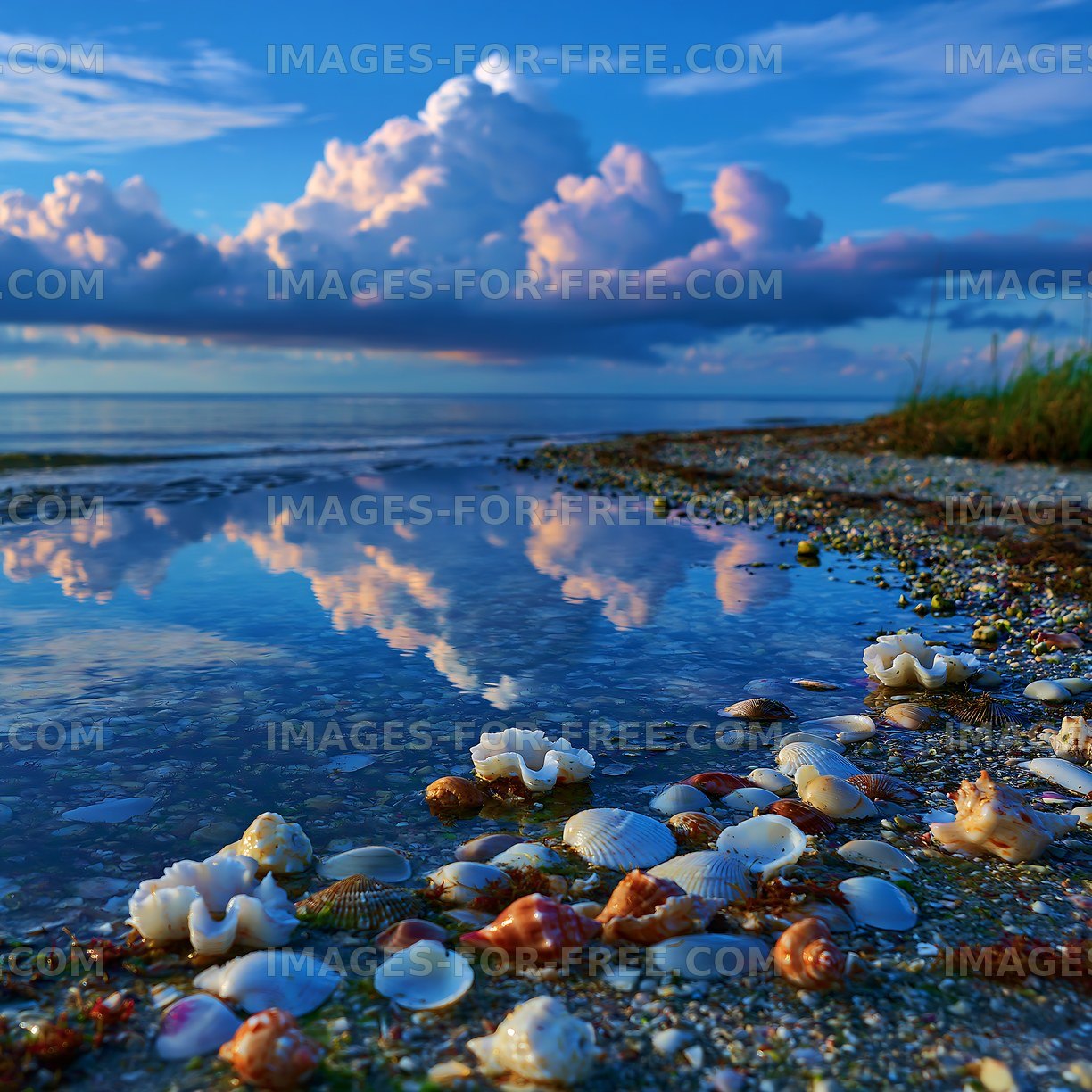 Shells on the shore with reflections in the water at sunset