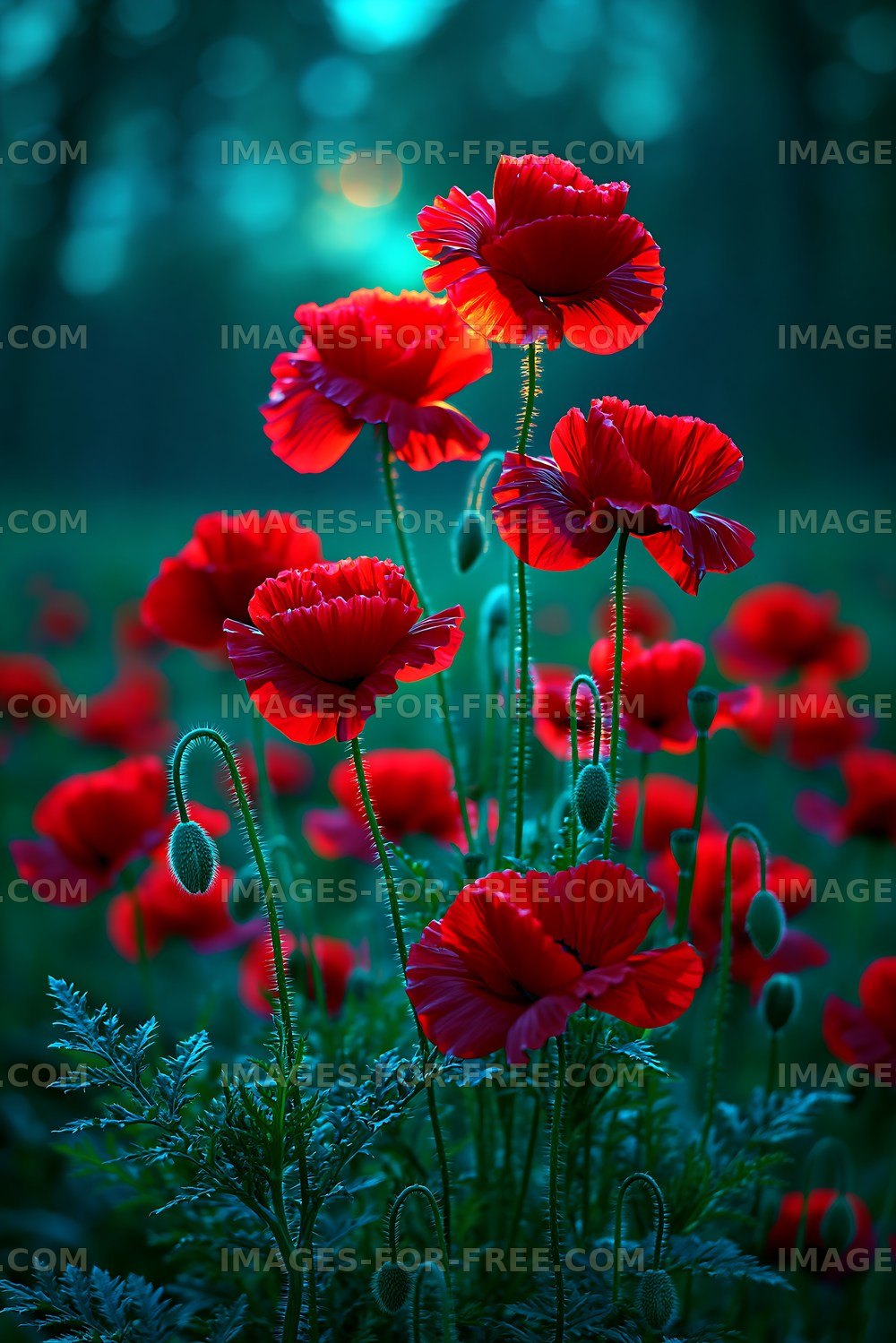 Bright red poppies growing in a field at dusk