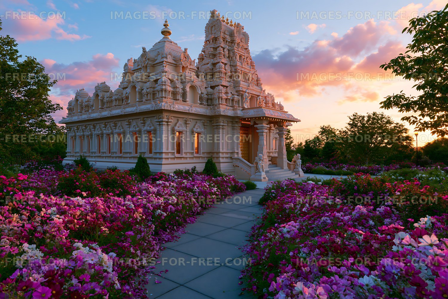 Flowers surround a temple during sunset near a garden
