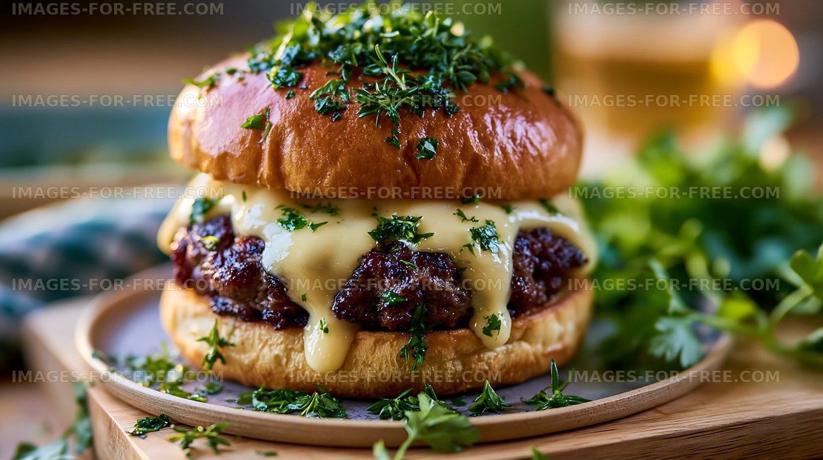 Juicy burger with melted cheese and fresh herbs on a wooden plate